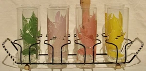 MCM VINTAGE FEDERAL ICE TEA TOM COLLINS GLÄSER mit BEMALTEN BLUMEN 8 im RACK - Bild 1 von 10