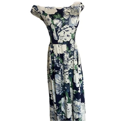 ASOS Navy Floral Off The Shoulder Dress Womens Size 8 Zipper Full Skirt - Image 1 of 4