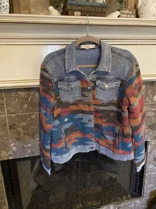 Est 1946 Denim Jacket Womens Medium Button Down Aztec Southwestern Logo Pockets - Picture 1 of 11