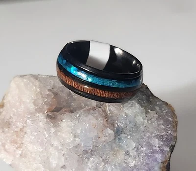 8MM Inlaid  Blue Opal Shell and Wood Black Steel Band - Image 1 of 4
