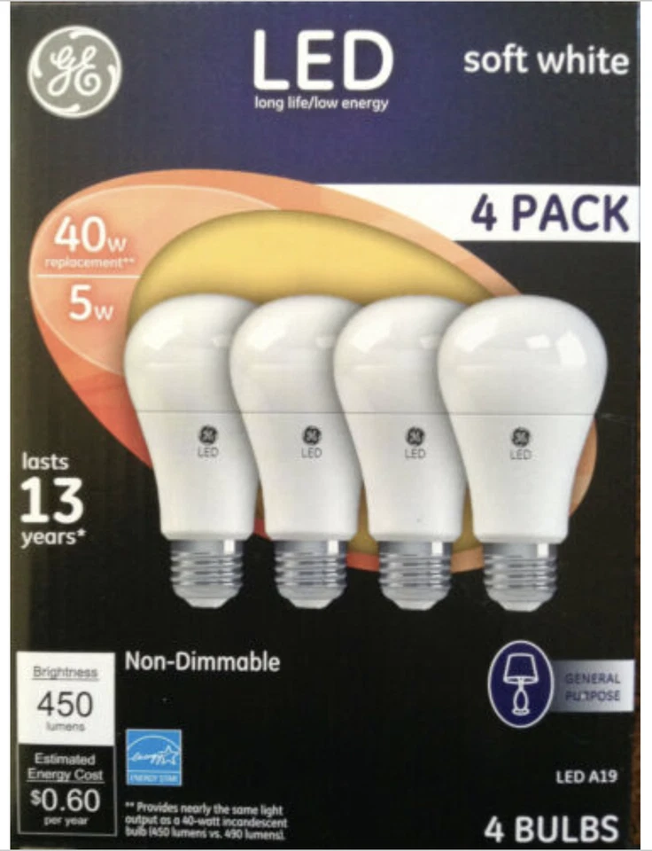 4 Pack GE LED Soft White A19 Non-Dimmable 40 Watt Replacement 5 Watt NEW - Image 1 of 1