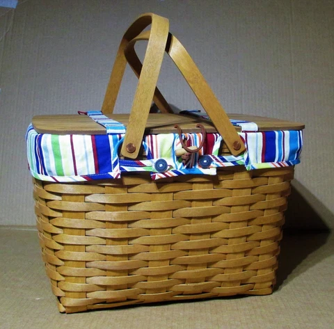 Longaberger Large Picnic Basket Sunny Day Stripe Liner 2 pc Blue Red Yellow Cover