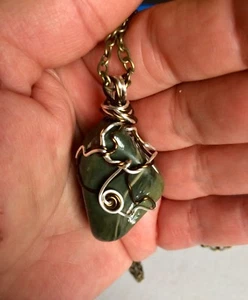 Green Jasper Hand Wire Wrapped Stone Bronze And Silver Handcrafted item - Picture 1 of 10