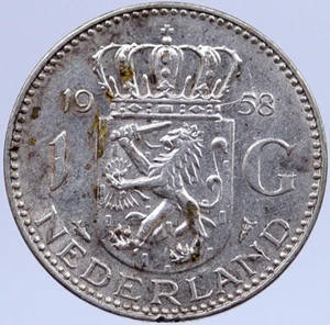 1958 NETHERLANDS Kingdom Queen JULIANA Vintage OLD Silver 1 Gulden Coin i118865 - Picture 1 of 2