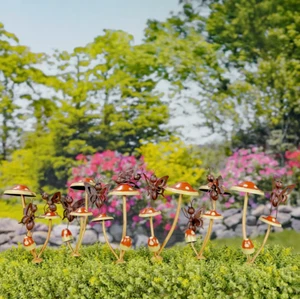GаrdenFυn Set of 6 Bustling Butterflies on Iron Mushroom Garden Stakes - Picture 1 of 6