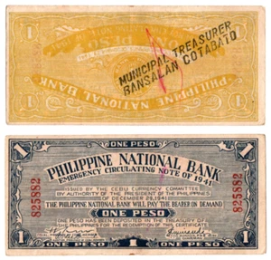 1941 Philippine Province of CEBU 1 Peso S215 C/Stamped Bansalan Cotabato, Davao - Picture 1 of 3