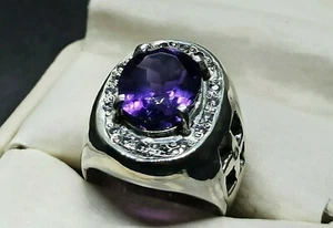 7 Carat Oval Cut Purple Amethyst Sterling Silver 925 Handmade Amethyst Mens Ring - Picture 1 of 12