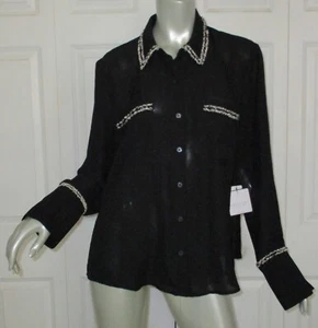 LAUNDRY/SHELLY SEGAL Black Long Sleeve Blouse Pockets Fringe Details XL NWT - Picture 1 of 6
