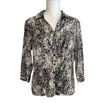 Dana Buchman Snakeskin Print Button Up Shirt Cream Black tan 3/4 Sleeve Stretch - Image 1 of 4