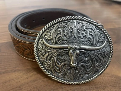 Vintage Montana Silversmiths Long Horn Belt Buckle with Ariat Leather Belt Sz 42 - Image 1 of 4