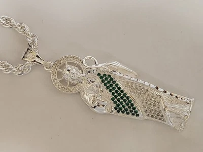 Dije grande St Jude pavé circonita cúbica plateado y juego de cadena de cuerda de 4 mm de largo Foto 1 de 4