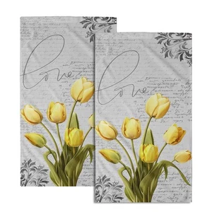 Tulip Floral Hand Towels Set of 2 Yellow Flower Soft Absorbent Face Towels De... - Picture 1 of 8
