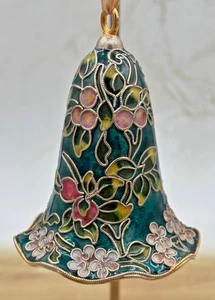 Vintage Metal Teal Cloisonné Bell Ornament Floral Design Enamel Gold Accents - Picture 1 of 11