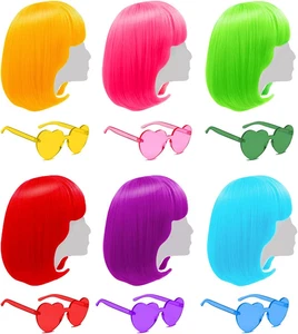 Kurze Bob Farben Perücken mit Pony, 6 Stück Cosplay Perücke mit Herz Sonnenbrille für Hal - Bild 1 von 12
