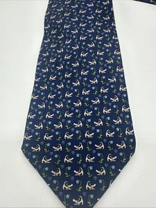 Salvatore Ferragamo Blue Silk Tie With Dogs And Flowers Dry Cleaned - Picture 1 of 7