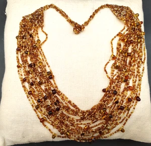 Vintage Cascade Brown Gold Amber Color Glass Beaded Multi-Strand Necklace 24 in - Picture 1 of 12