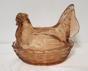 Vintage Westmoreland Braunglas Hahn Henne auf Nest bedeckt Süßigkeitenschale 8,5" - Bild 1 von 8
