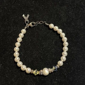 Sterling Silver Crystal Real & Faux Pearl Cancer Ribbon Bracelet 7.5” - Picture 1 of 9
