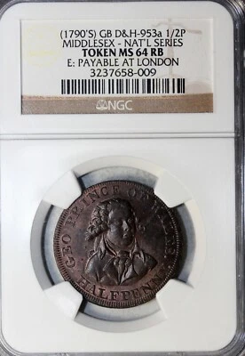 1790 年代英国 Middlesex 半便士 Conder 令牌 D&H-953a NGC 评级 MS-64 RB  — 第 1/3 张图片