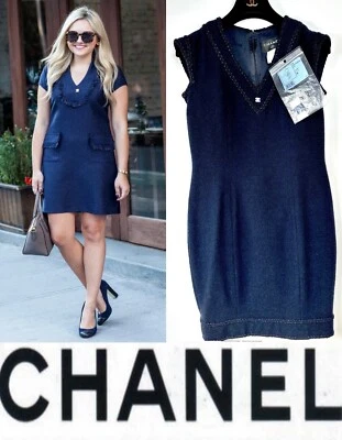 5K Chanel Vintage 2008 Blue Tweed Sleeveless Dress 34 36 2 4 6 White CC Logo S M - Image 1 of 4
