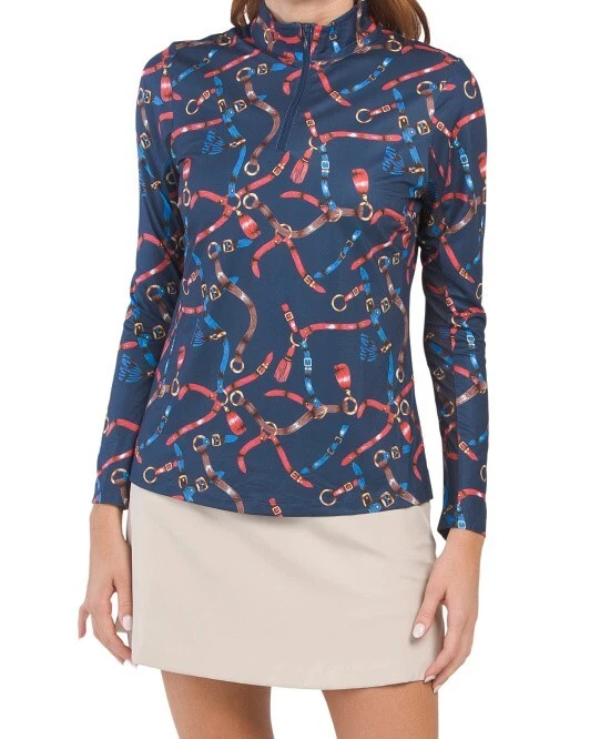 Gottex Zip Mock Neck Long Sleeve Top Golf Tennis Sports Navy Chain Print XL