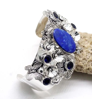 925 Sterling Silver Lapis lazuli & Tanzanite Gemstone Jewelry Cuff Bracelet S-AJ - Image 1 of 4