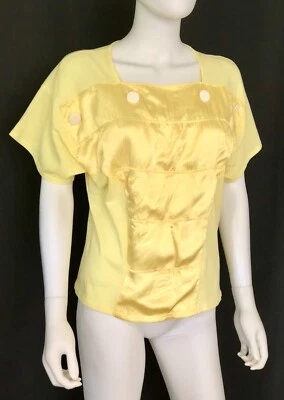 Vtg Yellow,Square Neck,Short Sleeve Blouse, Satin Insert, White Button Details,S - Image 1 of 4
