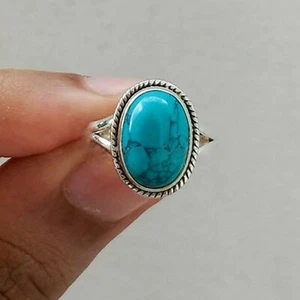 Blue Turquoise Gemstone 925 Sterling Silver Ring Valentine Day Jewelry EM- 71 - Picture 1 of 6
