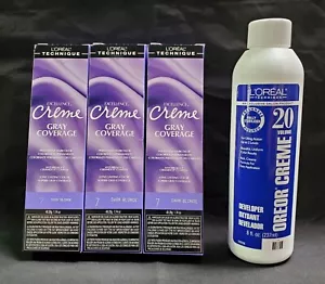 L'OREAL Gray Coverage 7 Dark Blonde (3 Pack) 1.74 oz & 8oz 20 Vol Oreor Creme - Picture 1 of 3