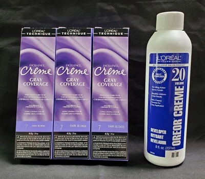 L'OREAL Gris Cobertura 7 Rubio Oscuro (Paquete de 3) 1.74 OZ y 8 OZ Crema Oreor 20 Vol Foto 1 de 3