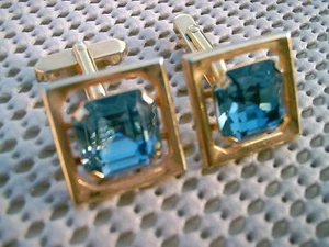 Gold Tone Cufflinks with Blue Square Stone .75" size total .5" stone CLEARANCE - Picture 1 of 4