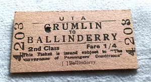 Ulster Transport Authority. 'Crumlin to Ballinderry', 2nd class rail ticket. - Picture 1 of 2