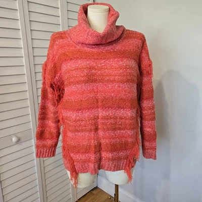 Kensie Fringe Orange and Red Multi-Yarn Boho Cowl Neck Sweater Size L - Image 1 of 4