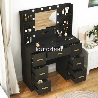 Vanity Set LED Lighted Mirror 7 Drawers Makeup Dressing Table Dresser Desk Gifts - Image 1 of 4