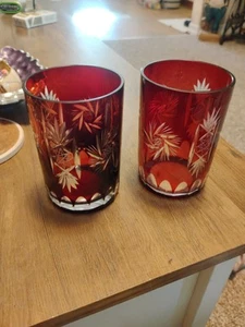 2er Set Böhmisches Glas Rubinrot Schliff auf Klar Altmodische Schnapsgläser - Bild 1 von 6