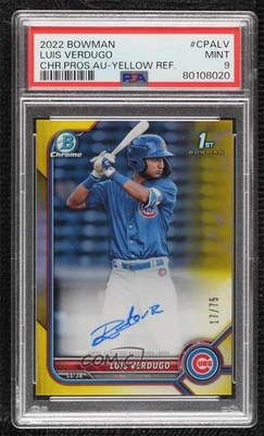 2022 Bowman Chrome Prospect Yellow Refractor /75 Luis Verdugo PSA 9 MINT Auto - Image 1 of 2