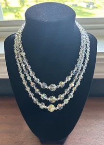 Triple Strand Aurora Borealis Crystal Beaded Necklace Faceted Vintage Hook - Picture 1 of 6