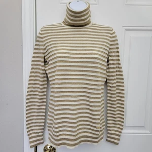 Lauren Ralph Lauren Rollkragenpullover Damen weiß metallic gold gestreift M - Bild 1 von 8