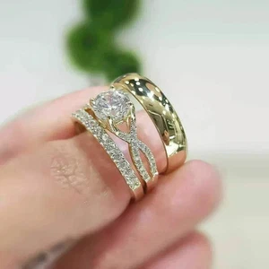 2.20Ct Round Cut Lab Created Diamond Trio Bridal Ring Set 14k Yellow Gold Plated - Picture 1 of 4