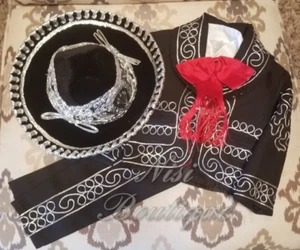 Free Shipping!! Beautiful 6 Pieces Boy Charro Suit, Black Charro Suit - Picture 1 of 8