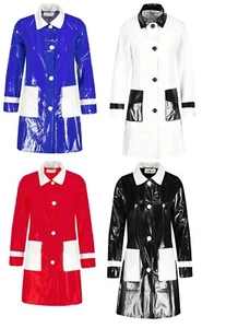 Women's Retro Vinyl Raincoat Elegant Design, Contrast Accents Stylish Outerwear - Picture 1 of 10
