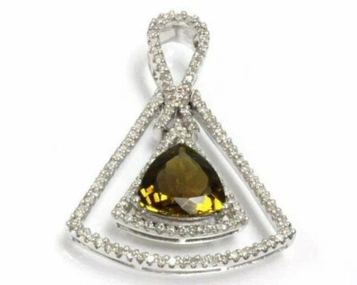 4 ctw Natural Olive Tourmaline & Diamond 14k White Gold Triangle Pendant 1.4" - Image 1 of 4