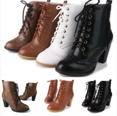 All Size 4-13 Lady Round Toe Lace Up Ankle Boots Chunky High Heel Punk Shoes Hot - Image 1 of 4