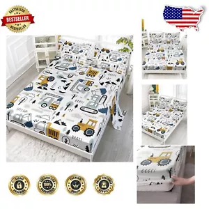 Cartoon Excavator Twin Sheet Set - Premium Microfiber 4-Piece for Kids' Rooms - Picture 1 of 7