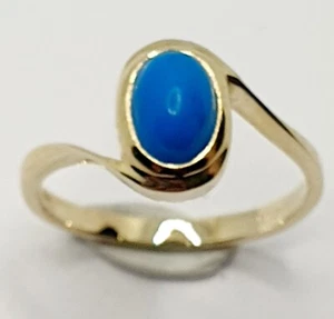 9ct Turquoise Single Stone Yellow Gold Ring Wave Curve Shank Size L - Picture 1 of 12