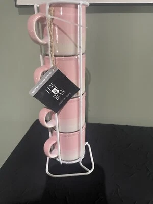 Juego de hojas y frijoles (4) tazas de café espresso apiladas rosa/blanco roto Demitasse NUEVO Foto 1 de 4