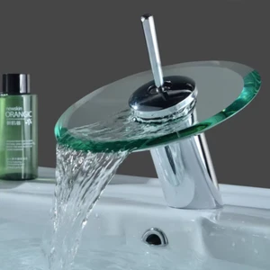 Rubinetto miscelatore bagno cascata vetro lavandino home deck montato fai da te idraulico tendenza UK - Foto 1 di 4