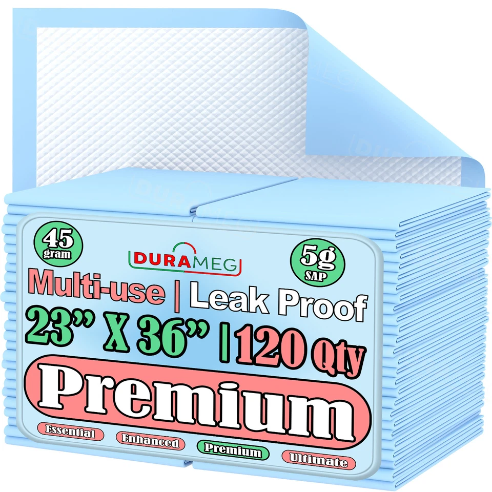 Paquete de 120 almohadillas inferiores Durameg 23x36 pulgadas | Almohadillas premium para cama y orinar | Almohadillas XL para cachorros Chux Foto 1 de 4