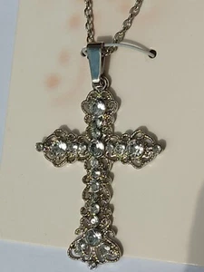Metall Halskette mit Kreuz Anhänger und Strass Steinchen Silber farben groß NEU - Bild 1 von 5