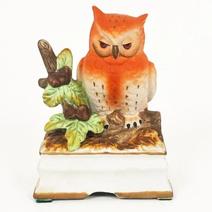 Orange Eule auf Ast Spieluhr, Royal Crown J Byron Sanyo handbemalt Vintage - Bild 1 von 2